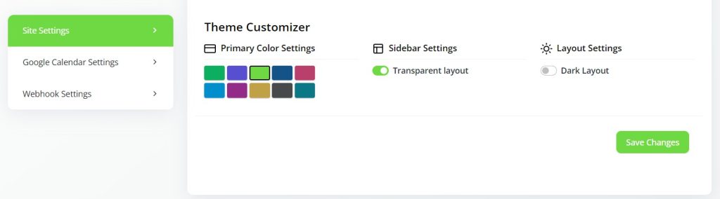 Theme Customizer on the site settings page